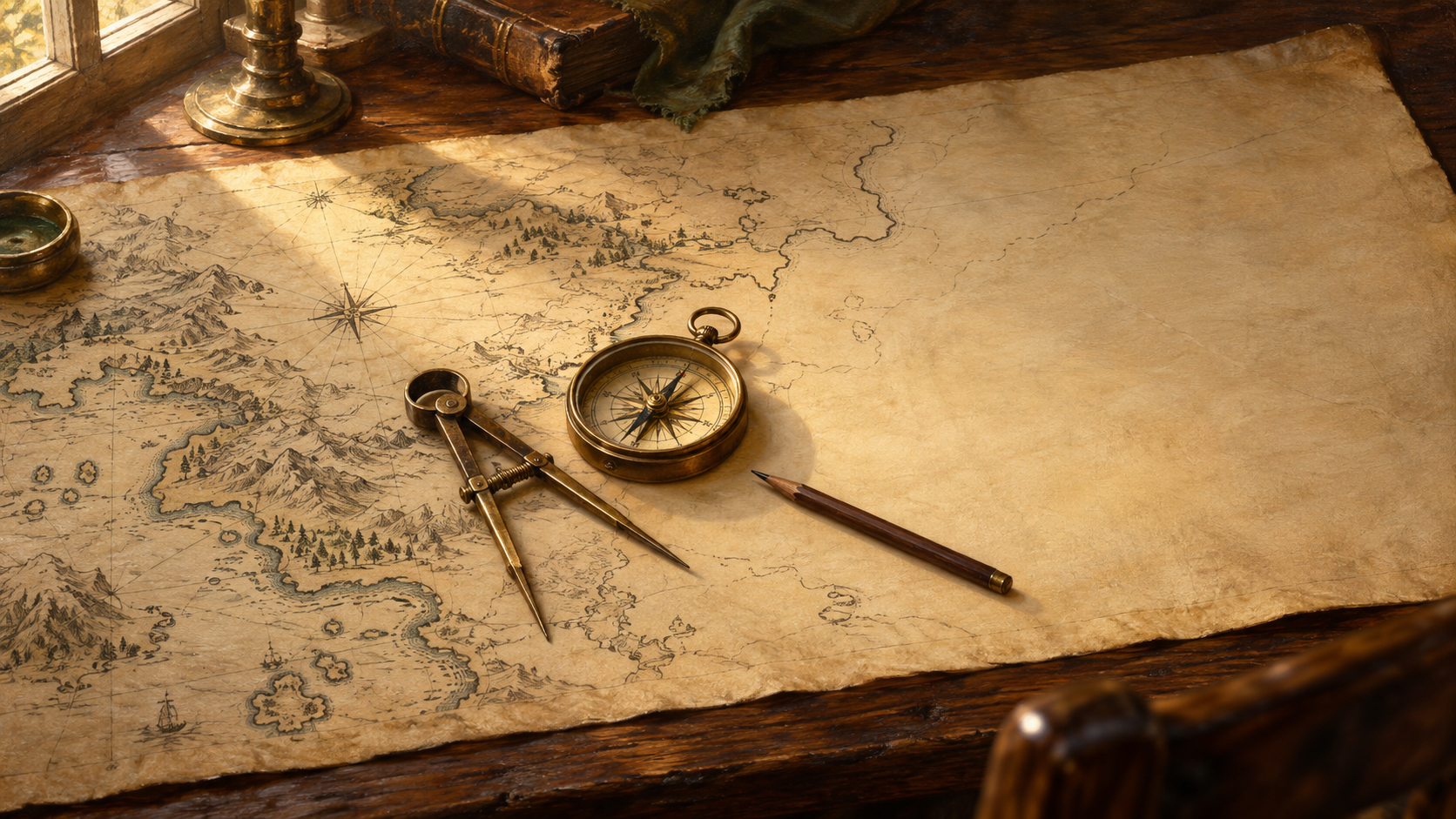 An unfinished parchment map with a brass compass and dividers, illuminated by warm window light in an Old Master–inspired still life.